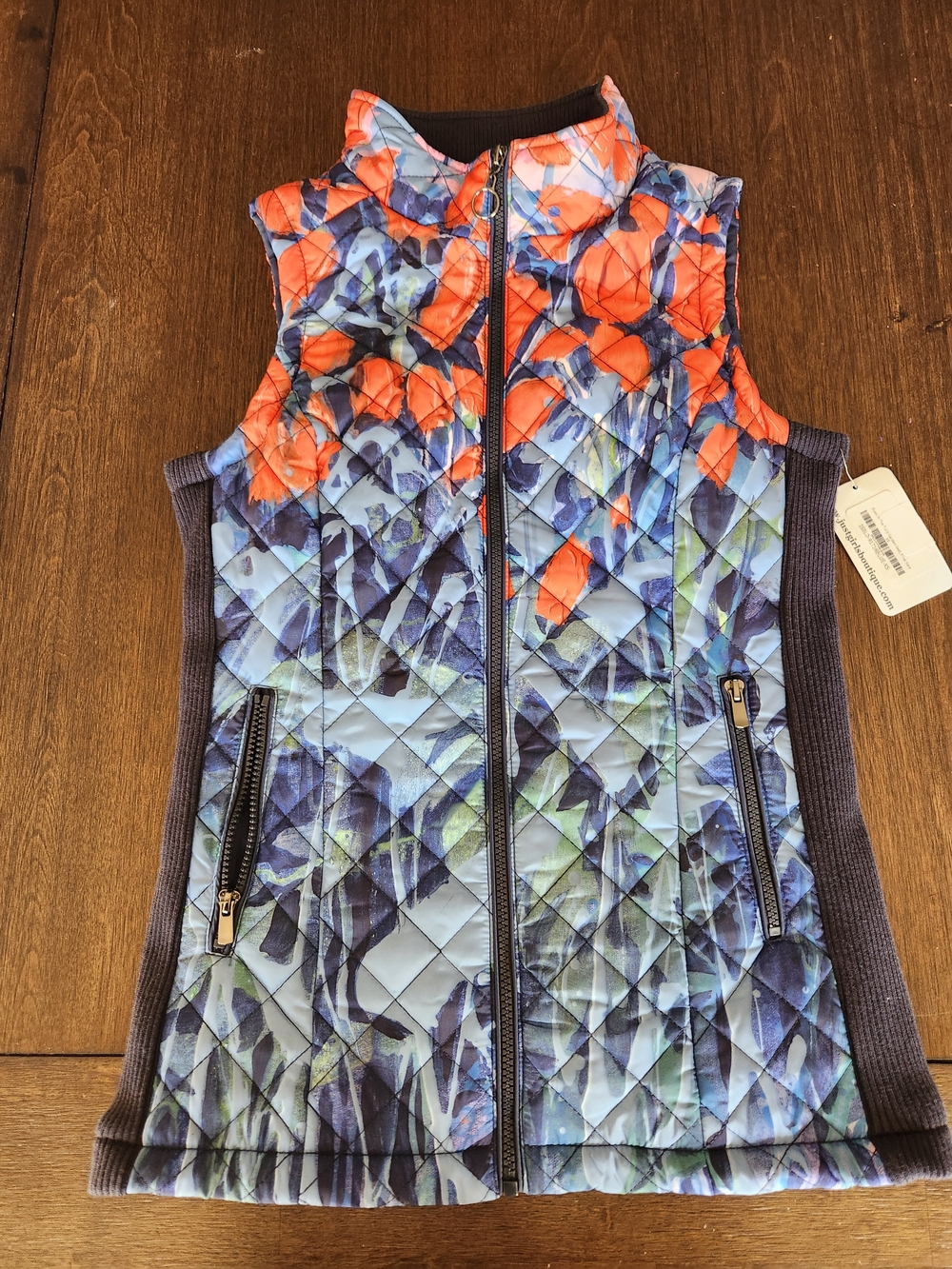 Claire Desjardin Quilted Floral Jacket in Navy and Coral NEW